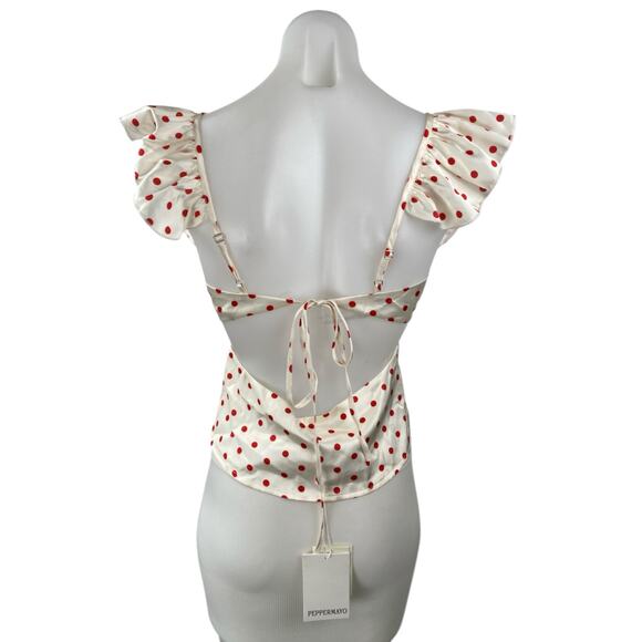 NEW Peppermayo Regan White Red Polka Dots Ruffle Tie Cutout Blouse Top Size 4 - Picture 2 of 5